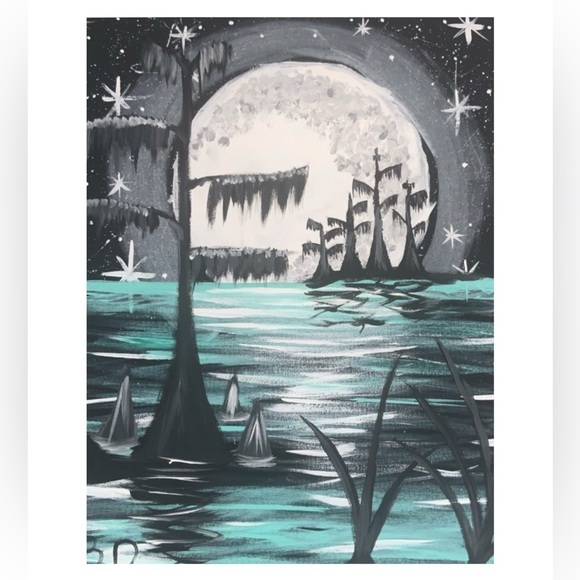 Mystical Green & Black Cypress Moonlit Landscape Art Painted Canvas Print 20X16 - Picture 1 of 7